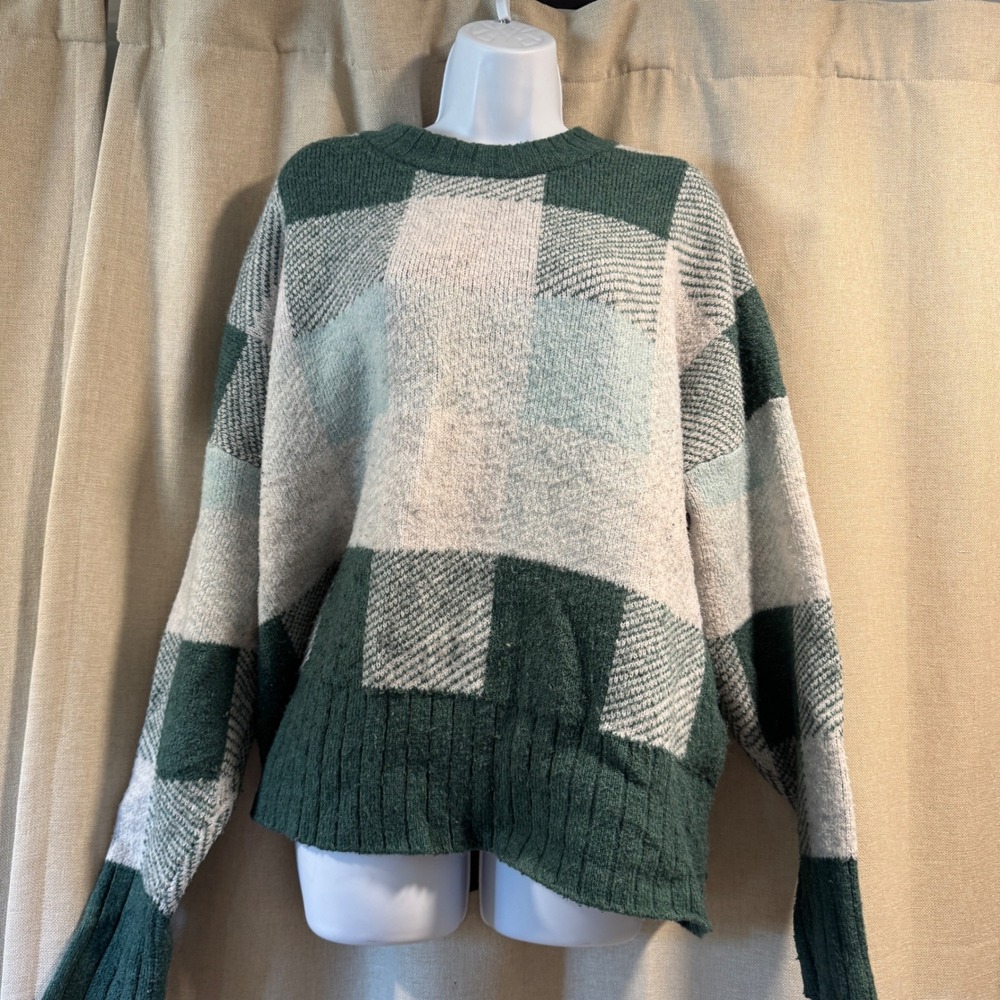A New Day XXL Green Cream Buffalo Check Knit Sweater Oversized‎